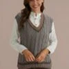 RosyBrown V Neck Cable Knit Sweater Vest