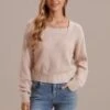 Wheat Knit Neutral Long Sleeve Square Neck Sweater