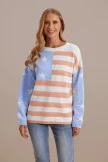 USA Flag Printed Round Neck Long Sleeve Lightweight Knit Sweater