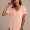 Peach Ribbed Short Sleeve Button Detail Top -Women Dress Shop brlt022210 1