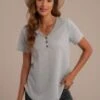 Grey Ribbed V Neck Short Sleeve Button Detail Top -Women Dress Shop brlt022219 1