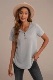 Grey Ribbed V Neck Short Sleeve Button Detail Top