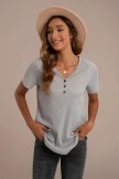 Grey Ribbed V Neck Short Sleeve Button Detail Top 5 Grey Ribbed V Neck Short Sleeve Button Detail Top - Image 3