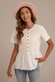 White Casual Short Sleeve Round Neck Buttons Top