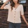 Wheat Short Puff Sleeve V Neck Buttons Blouse
