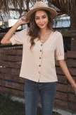 Wheat Short Puff Sleeve V Neck Buttons Blouse
