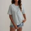 Stripe Short Sleeve Round Neck Buttons Down Casual Blouse Shirt