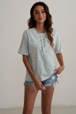 Stripe Short Sleeve Round Neck Buttons Down Casual Blouse Shirt