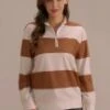 Striped Long Sleeve High Neck Pullover Top With Zipper -Women Dress Shop brlt122 1
