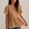 Salmon Embroidery Short Sleeve V Neck Cute Blouse