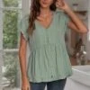 Sage Plaid Short Sleeve V Neck Buttons Ruffle Top -Women Dress Shop brlt134 1
