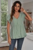 Sage Plaid Short Sleeve V Neck Buttons Ruffle Top