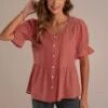 Rust Swiss Dot Short Ruffle Sleeve Round Neck Button Top -Women Dress Shop brlt2042102 3