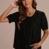 Black Round Neck Short Sleeve Buttons Blouse -Women Dress Shop brlt2050504 3