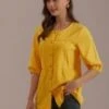 Yellow Round Neck Half Sleeve Button Up Blouse
