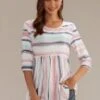 Stripe Round Neck 3/4 Sleeve Blouse -Women Dress Shop brlt2071403 1