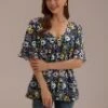 Multi Color Floral Loose Half Sleeve V Neck Top -Women Dress Shop brlt2072103 1