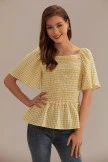 Yellow Plaid Square Neck Short Sleeve Blouse