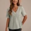 Light Olive V Neck Ruffle Short Sleeve Top