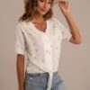 White Floral Short Sleeve V Neck Buttons Top -Women Dress Shop brlt22032403 1