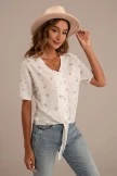 White Floral Short Sleeve V Neck Buttons Top