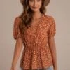 Rust V Neck Elastic Sleeve Polka Dot Top -Women Dress Shop brlt22032404 4