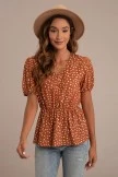 Rust V Neck Elastic Sleeve Polka Dot Top