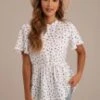 White Floral Short Sleeve Mock Neck Peplum Blouse