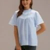 Blue Short Sleeve Ruffle Mock Neck Blouse -Women Dress Shop brlt3022301 1