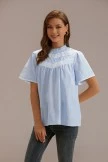 Blue Short Sleeve Ruffle Mock Neck Blouse