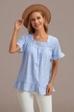 Blue Floral Smocked Square Neck Ruffle Short Sleeve Blouse
