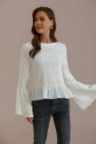 White Round Neck Long Sleeve Smocked Blouse