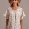 Vanilla Floral Round Neck Ruffle Short Sleeve Blouse -Women Dress Shop brlt3030202 1