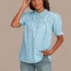 Blue Floral Ruffle High Neck Smocked Blouse