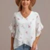 White Floral V Neck Ruffle Short Sleeve Blouse -Women Dress Shop brlt3031603 1