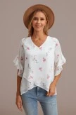 White Floral V Neck Ruffle Short Sleeve Blouse