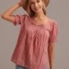 Rust Stripe Square Neck Short Sleeve Smocked Blouse 2 Rust Stripe Square Neck Short Sleeve Smocked Blouse -Women Dress Shop brlt3032302 1