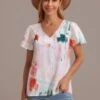 Multi Colorblock V Neck Short Sleeve Blouse