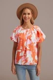 Orange Floral Round Neck Puff Short Sleeve Blouse 3 Orange Floral Round Neck Puff Short Sleeve Blouse