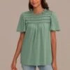 Green Hollow Ruffle Round Neck Short Sleeve Blouse -Women Dress Shop brlt3040607 1