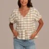 Brown Plaid V Neck Short Sleeve Button Blouse -Women Dress Shop brlt3040608 1