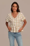 Brown Plaid V Neck Short Sleeve Button Blouse