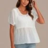 White Stripe Round Neck Puff Short Sleeve Blouse