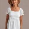 White Embroidery Flowers Hollow Square Neck Puff Short Sleeve Blouse