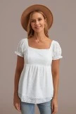 White Embroidery Flowers Hollow Square Neck Puff Short Sleeve Blouse