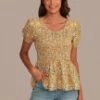 Dark Yellow Floral Short Sleeve Scoop Neck Peplum Smocked Top -Women Dress Shop brlt3042001 1