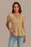 Dark Yellow Floral Short Sleeve Scoop Neck Peplum Smocked Top