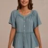Sage Short Sleeve Square Neck Button Front Peplum Blouse -Women Dress Shop brlt3050402 1