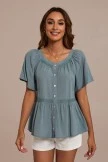 Sage Short Sleeve Square Neck Button Front Peplum Blouse
