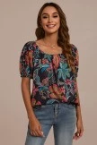 Floral Short Puff Sleeve Elastic Neck Top